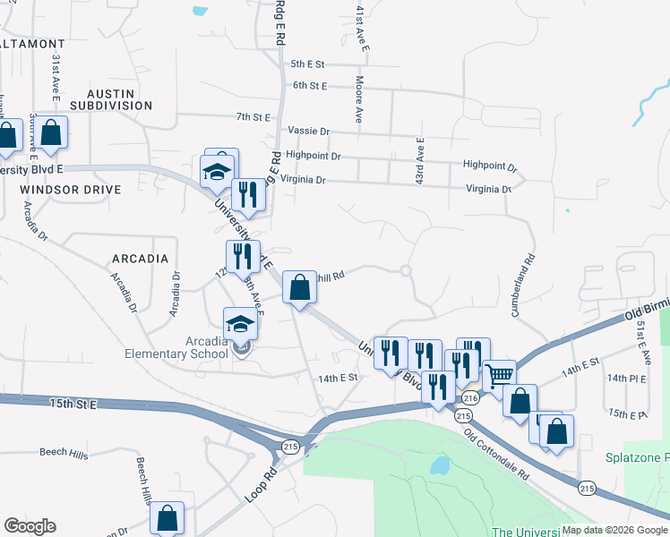 map of restaurants, bars, coffee shops, grocery stores, and more near 4000 Brookhill Road in Tuscaloosa