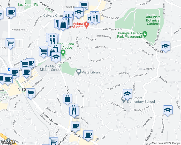 map of restaurants, bars, coffee shops, grocery stores, and more near 207 Vista Glen Lane in Vista