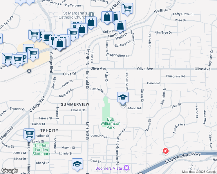map of restaurants, bars, coffee shops, grocery stores, and more near 891 Ruby Drive in Vista