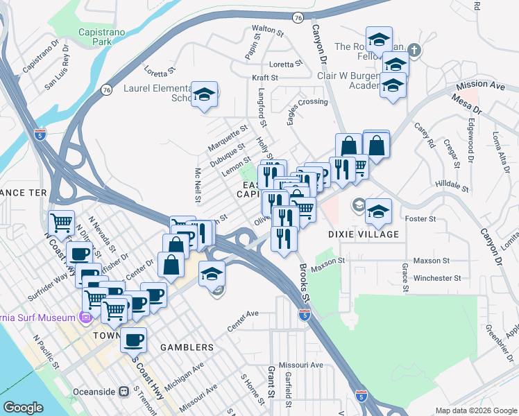 map of restaurants, bars, coffee shops, grocery stores, and more near 1432 Buena Street in Oceanside