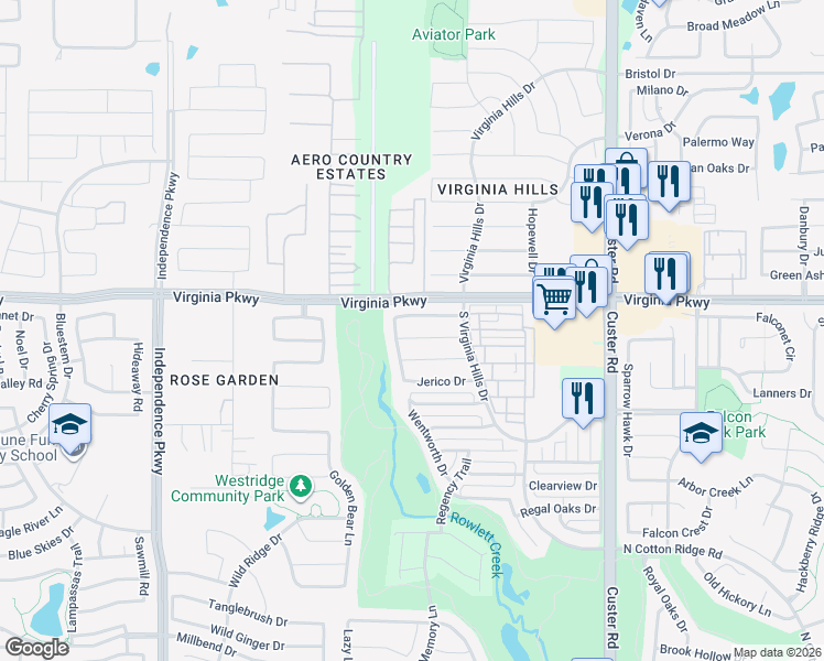 map of restaurants, bars, coffee shops, grocery stores, and more near 109 Lansdale Drive in McKinney