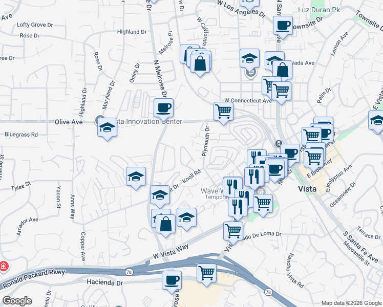 map of restaurants, bars, coffee shops, grocery stores, and more near 432 Ferrara Way in Vista