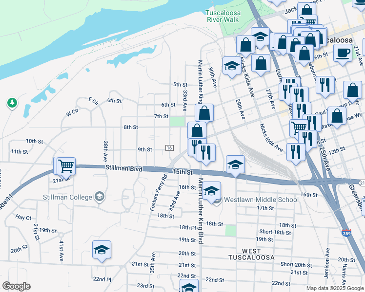 map of restaurants, bars, coffee shops, grocery stores, and more near 827 33rd Avenue in Tuscaloosa