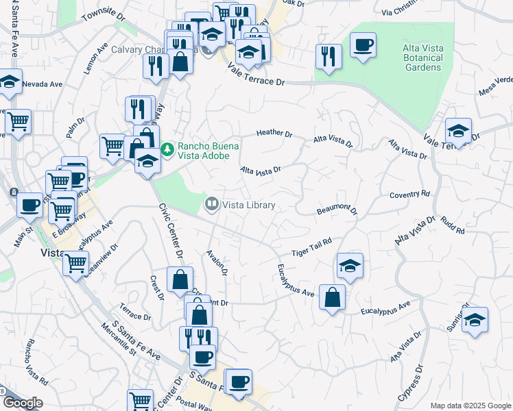 map of restaurants, bars, coffee shops, grocery stores, and more near 200 Vista Glen Lane in Vista