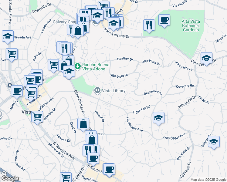 map of restaurants, bars, coffee shops, grocery stores, and more near 264 Avalon Drive in Vista