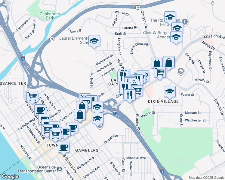map of restaurants, bars, coffee shops, grocery stores, and more near 1349 Bush Street in Oceanside