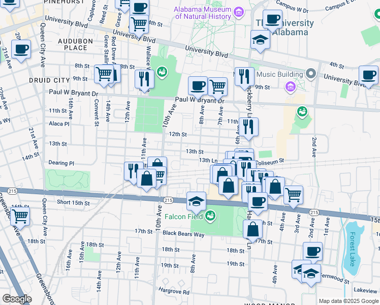 map of restaurants, bars, coffee shops, grocery stores, and more near 800 13th Street in Tuscaloosa