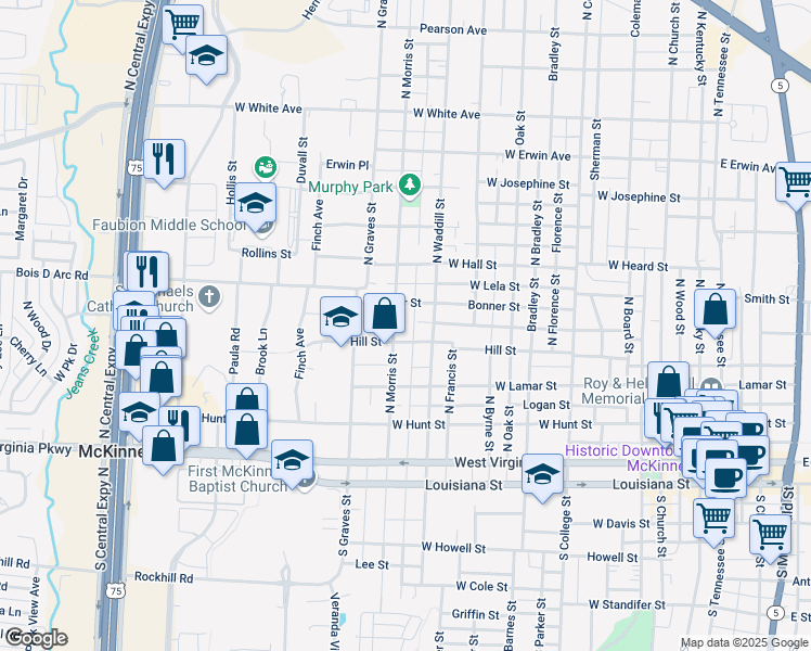 map of restaurants, bars, coffee shops, grocery stores, and more near 505 North Waddill Street in McKinney