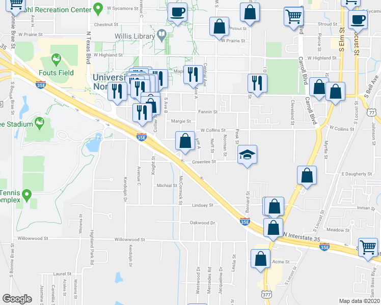 map of restaurants, bars, coffee shops, grocery stores, and more near 1228 Avenue A in Denton