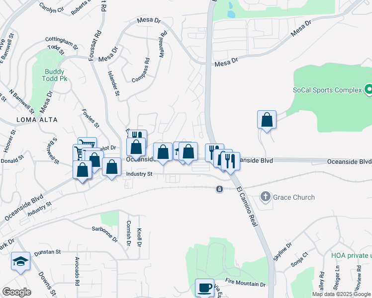 map of restaurants, bars, coffee shops, grocery stores, and more near 3030 Oceanside Boulevard in Oceanside