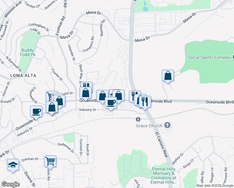 map of restaurants, bars, coffee shops, grocery stores, and more near 3030 Oceanside Boulevard in Oceanside