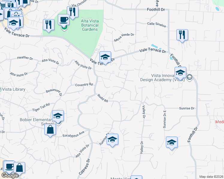 map of restaurants, bars, coffee shops, grocery stores, and more near 353 Skyline Drive in Vista