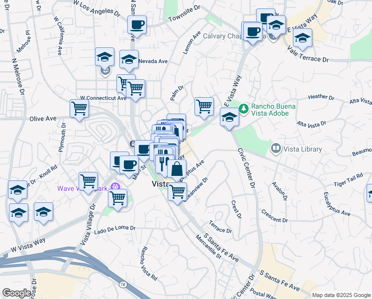 map of restaurants, bars, coffee shops, grocery stores, and more near 110 South Citrus Avenue in Vista