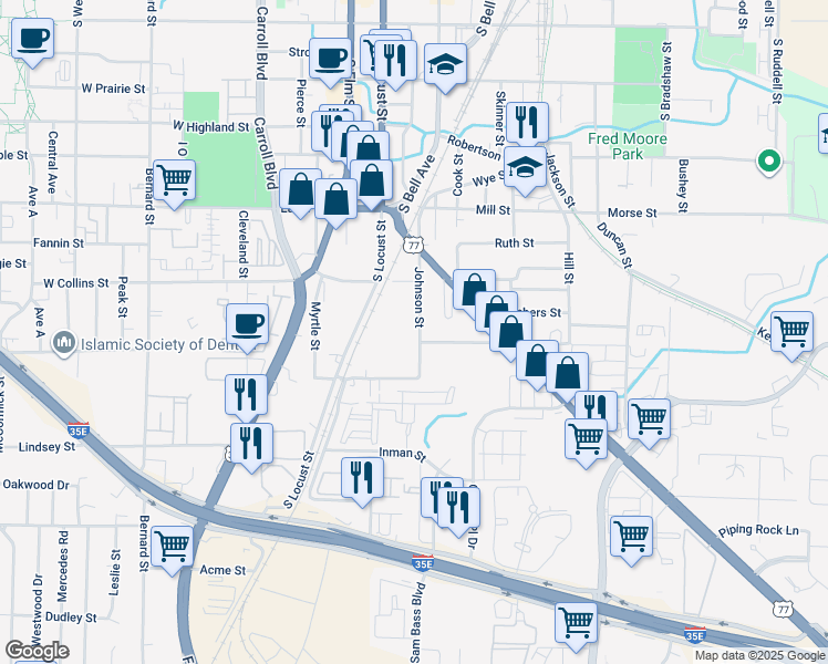 map of restaurants, bars, coffee shops, grocery stores, and more near 1212 Johnson Street in Denton