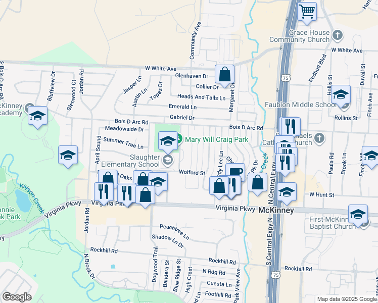 map of restaurants, bars, coffee shops, grocery stores, and more near 500 Dowell Street in McKinney