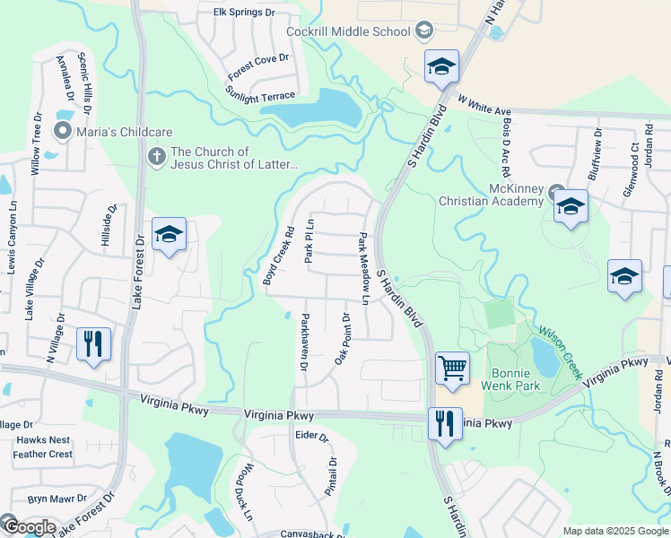 map of restaurants, bars, coffee shops, grocery stores, and more near 4012 Deer Lake Drive in McKinney