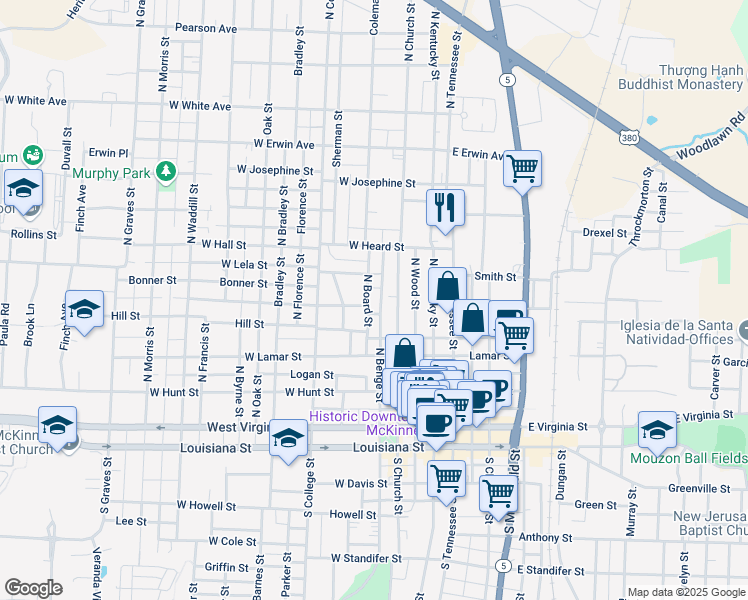 map of restaurants, bars, coffee shops, grocery stores, and more near 606 North Benge Street in McKinney