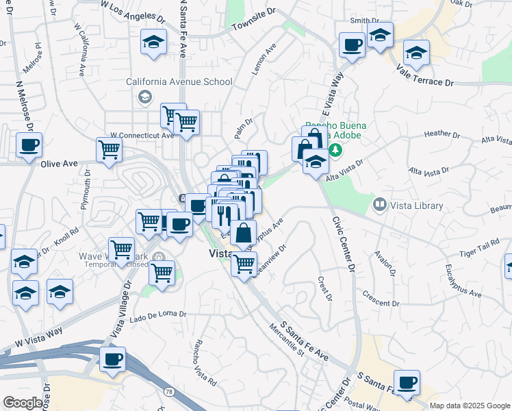 map of restaurants, bars, coffee shops, grocery stores, and more near 110 South Citrus Avenue in Vista