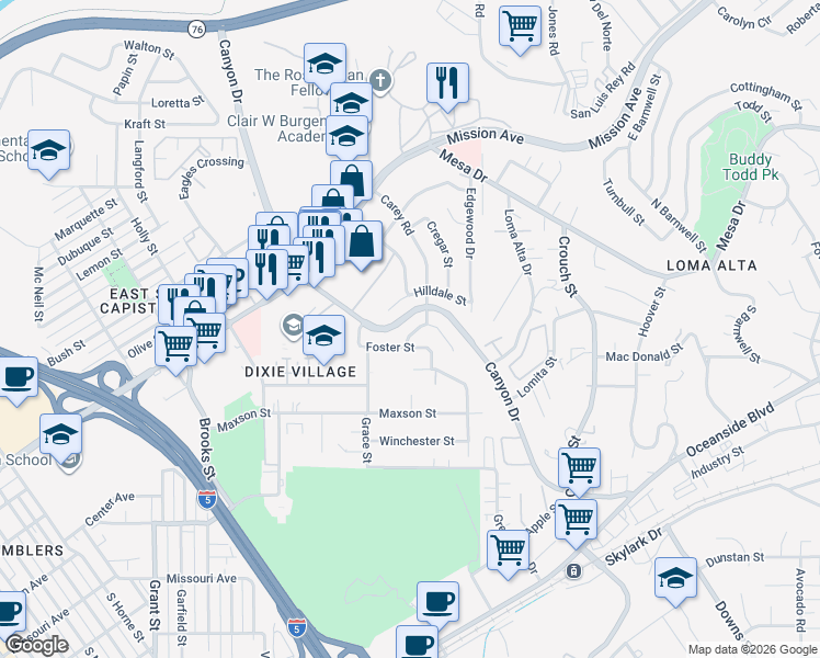 map of restaurants, bars, coffee shops, grocery stores, and more near 2162 Foster Street in Oceanside