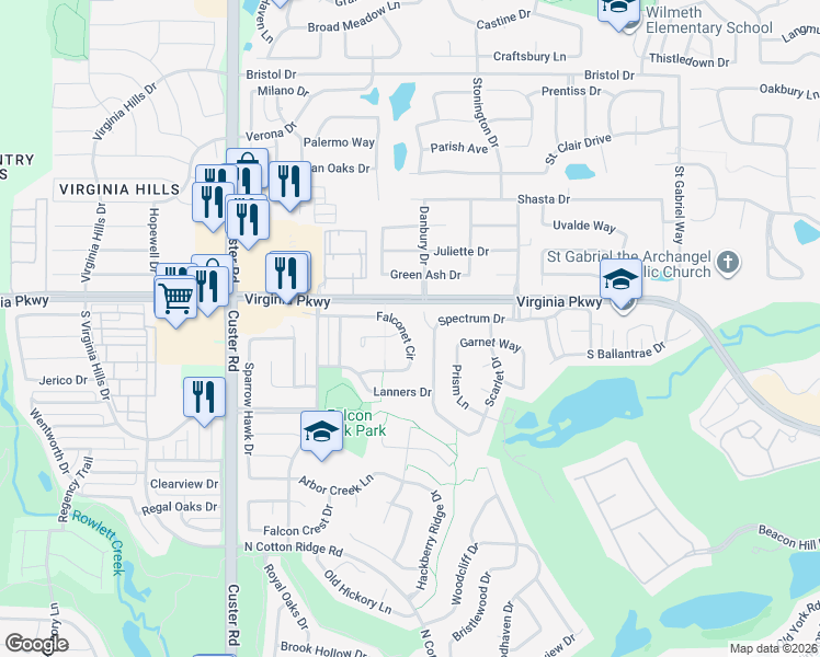map of restaurants, bars, coffee shops, grocery stores, and more near 8426 Falconet Circle in McKinney