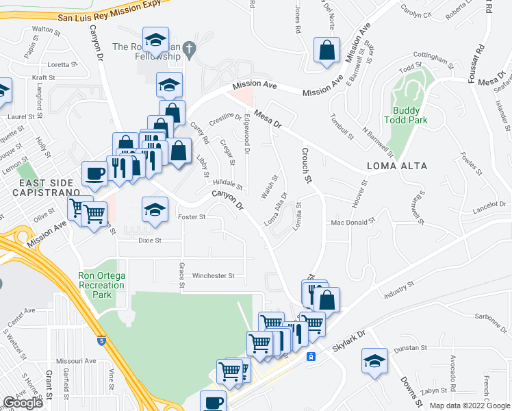 map of restaurants, bars, coffee shops, grocery stores, and more near 277 Walsh Street in Oceanside
