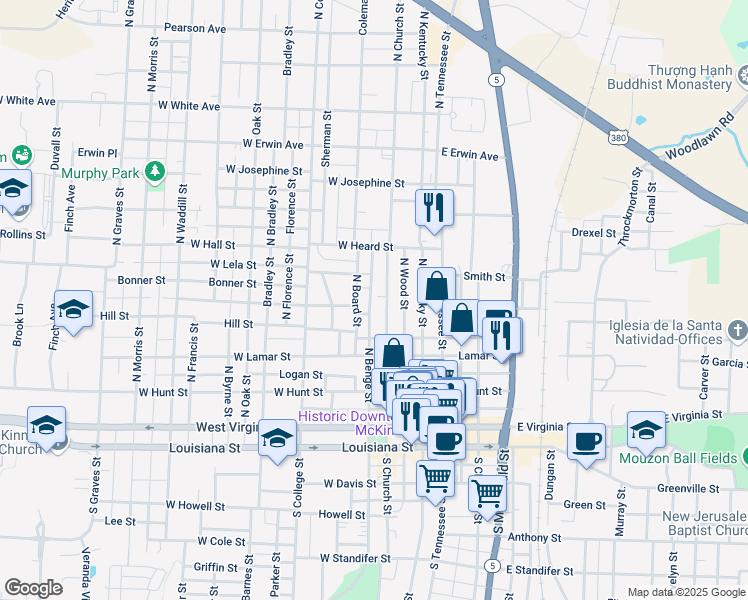 map of restaurants, bars, coffee shops, grocery stores, and more near 606 North Benge Street in McKinney