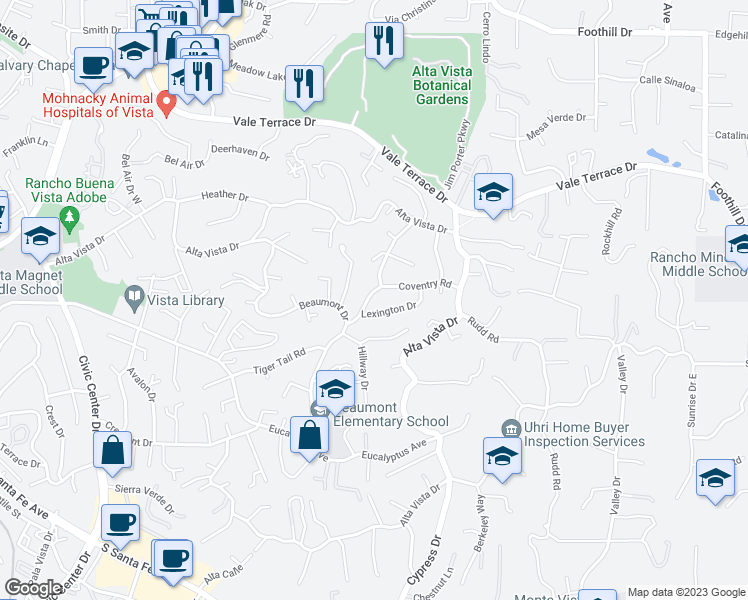 map of restaurants, bars, coffee shops, grocery stores, and more near 1223 Coventry Road in Vista