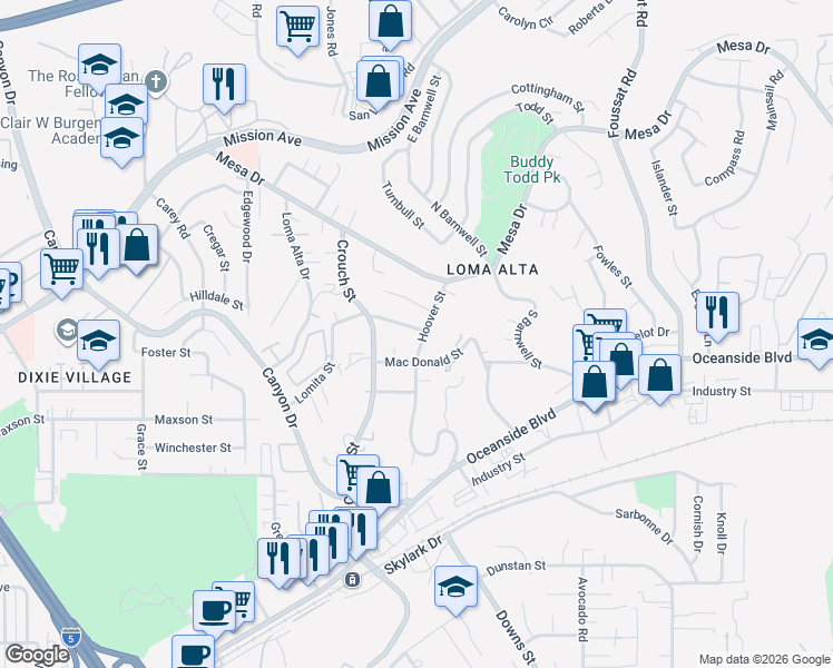map of restaurants, bars, coffee shops, grocery stores, and more near 2747 Lomita Street in Oceanside