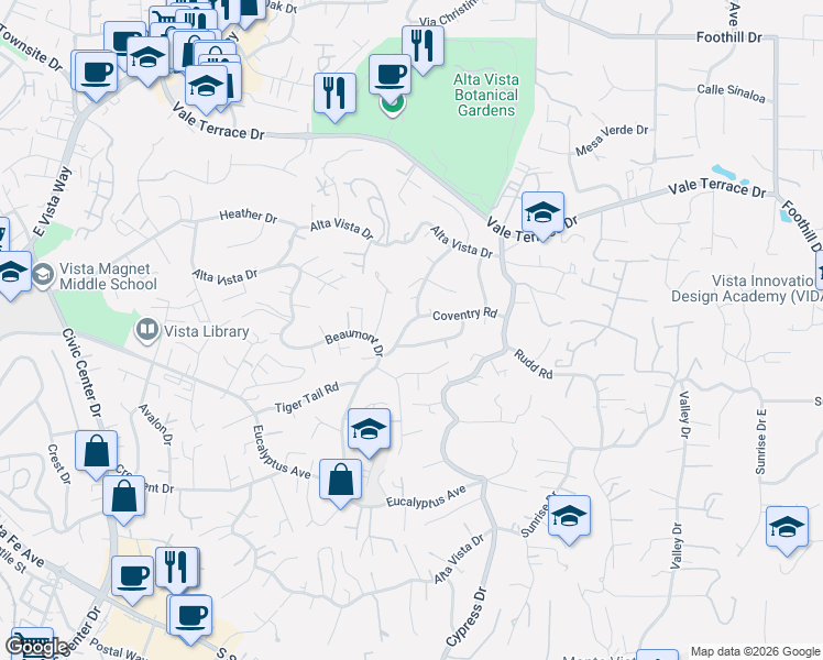 map of restaurants, bars, coffee shops, grocery stores, and more near 1223 Coventry Road in Vista