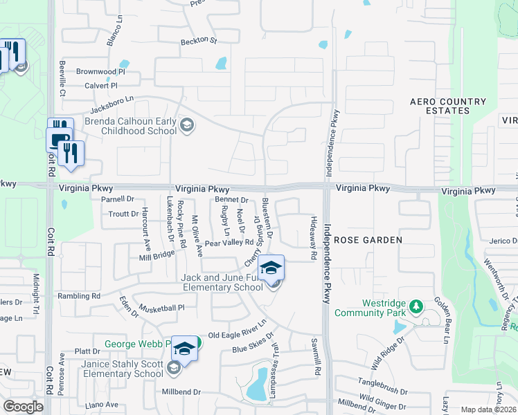map of restaurants, bars, coffee shops, grocery stores, and more near 213 Cherry Spring Drive in McKinney