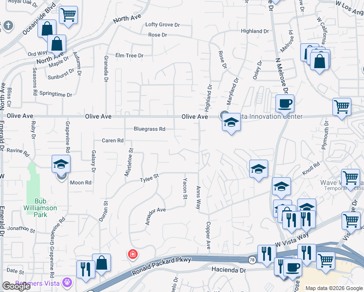 map of restaurants, bars, coffee shops, grocery stores, and more near 802 Bonita Drive in Vista