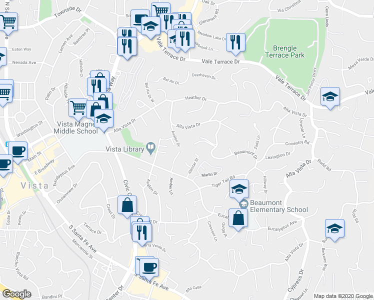 map of restaurants, bars, coffee shops, grocery stores, and more near 200 Vista Glen Lane in Vista