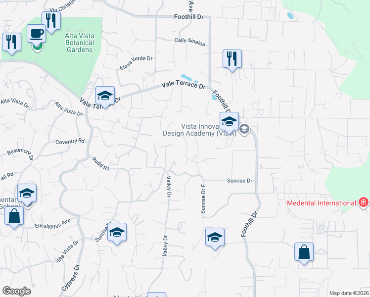 map of restaurants, bars, coffee shops, grocery stores, and more near 325 Sunrise Circle in Vista