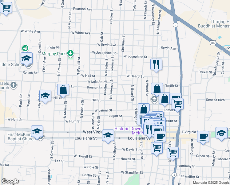 map of restaurants, bars, coffee shops, grocery stores, and more near 601 North College Street in McKinney