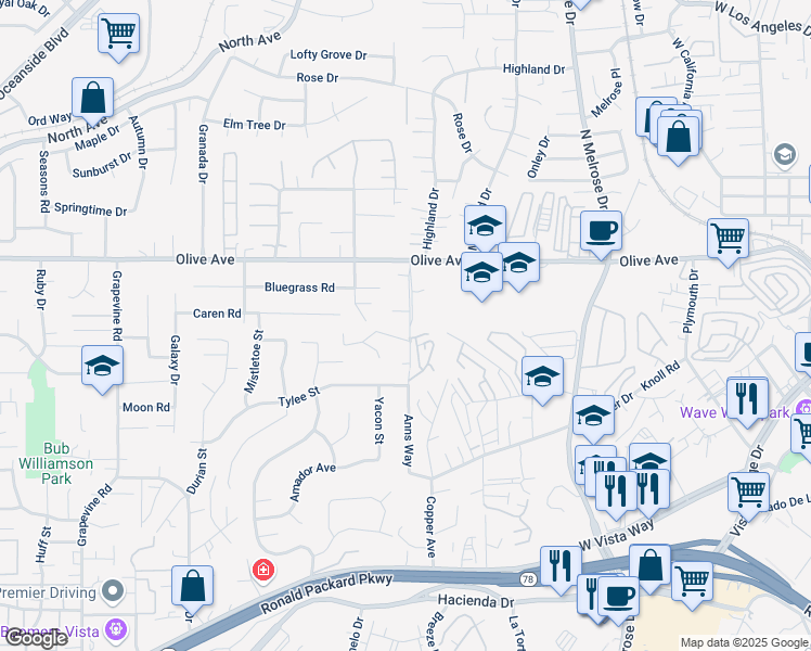 map of restaurants, bars, coffee shops, grocery stores, and more near 801 Anns Way in Vista