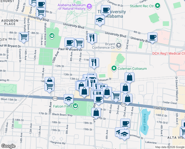 map of restaurants, bars, coffee shops, grocery stores, and more near 510 13th Street in Tuscaloosa