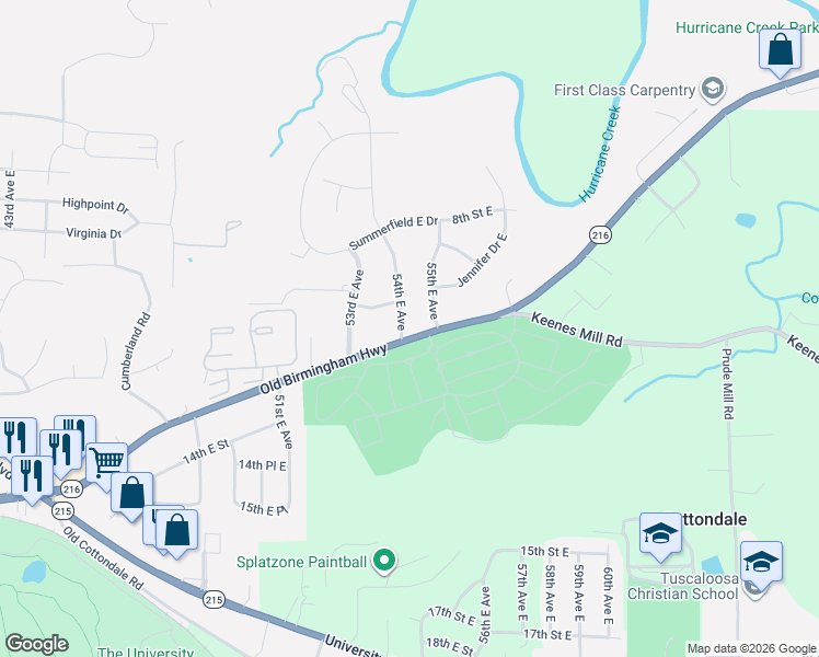 map of restaurants, bars, coffee shops, grocery stores, and more near 54TH East Park in Tuscaloosa
