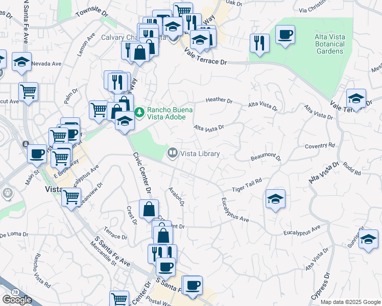 map of restaurants, bars, coffee shops, grocery stores, and more near 264 Avalon Drive in Vista