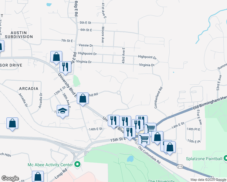 map of restaurants, bars, coffee shops, grocery stores, and more near 4134 Brookhill Road in Tuscaloosa
