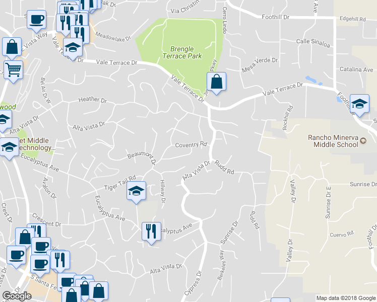 map of restaurants, bars, coffee shops, grocery stores, and more near 1260 Lexington Drive in Vista