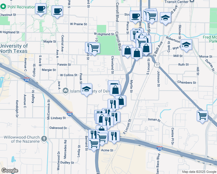 map of restaurants, bars, coffee shops, grocery stores, and more near 1201 Cleveland Street in Denton