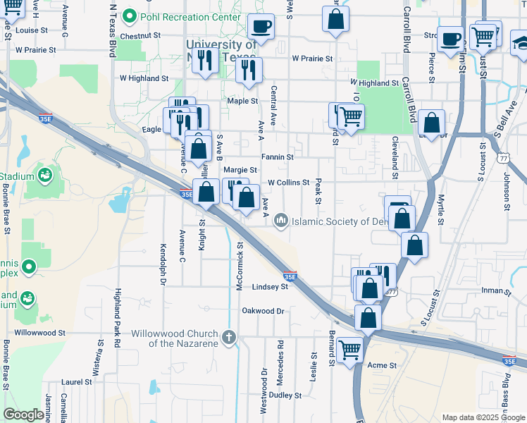 map of restaurants, bars, coffee shops, grocery stores, and more near 1228 Avenue A in Denton