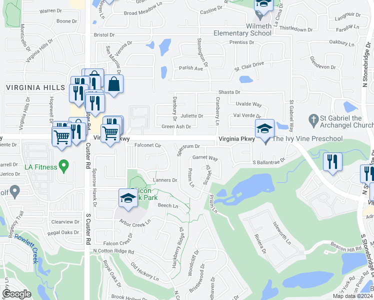 map of restaurants, bars, coffee shops, grocery stores, and more near 8439 Spectrum Drive in McKinney