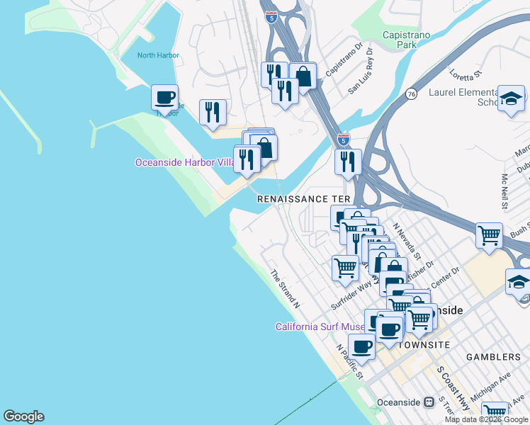 map of restaurants, bars, coffee shops, grocery stores, and more near North Coast Village Way in Oceanside
