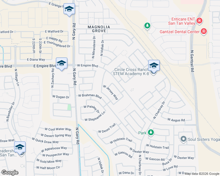 map of restaurants, bars, coffee shops, grocery stores, and more near 1026 West Jersey Way in San Tan Valley