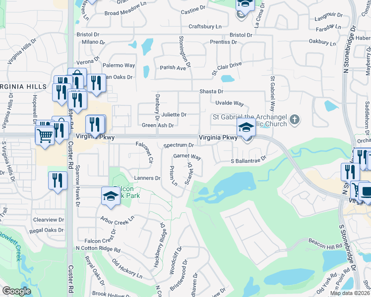 map of restaurants, bars, coffee shops, grocery stores, and more near 8415 Spectrum Drive in McKinney
