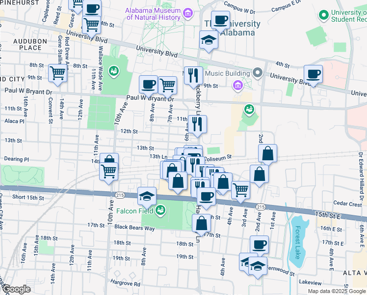 map of restaurants, bars, coffee shops, grocery stores, and more near 600 13th Street in Tuscaloosa