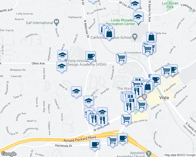 map of restaurants, bars, coffee shops, grocery stores, and more near 376 Ferrara Way in Vista