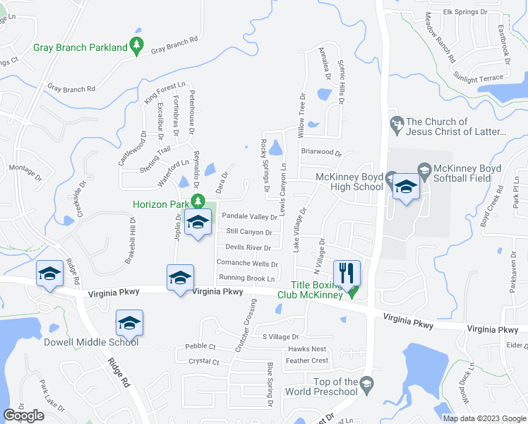 map of restaurants, bars, coffee shops, grocery stores, and more near 5320 Pandale Valley Drive in McKinney