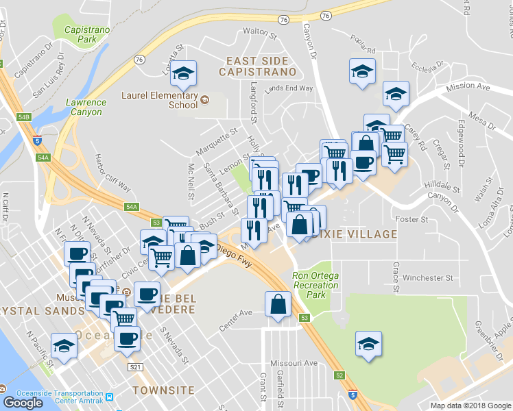 map of restaurants, bars, coffee shops, grocery stores, and more near 1432 Buena Street in Oceanside
